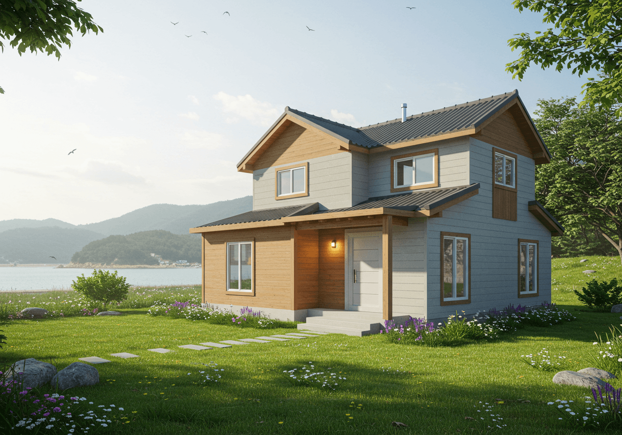 한국 시골 마을의 호숫가에 위치한 단층+복층 구조의 모던 전원주택. 밝은 회색 외벽과 원목 포인트가 조화를 이루며, 작은 앞마당에 잔디와 꽃이 가득한 모습. 맑은 날씨 속에 산과 호수가 배경으로 펼쳐져 있는 평화로운 풍경.