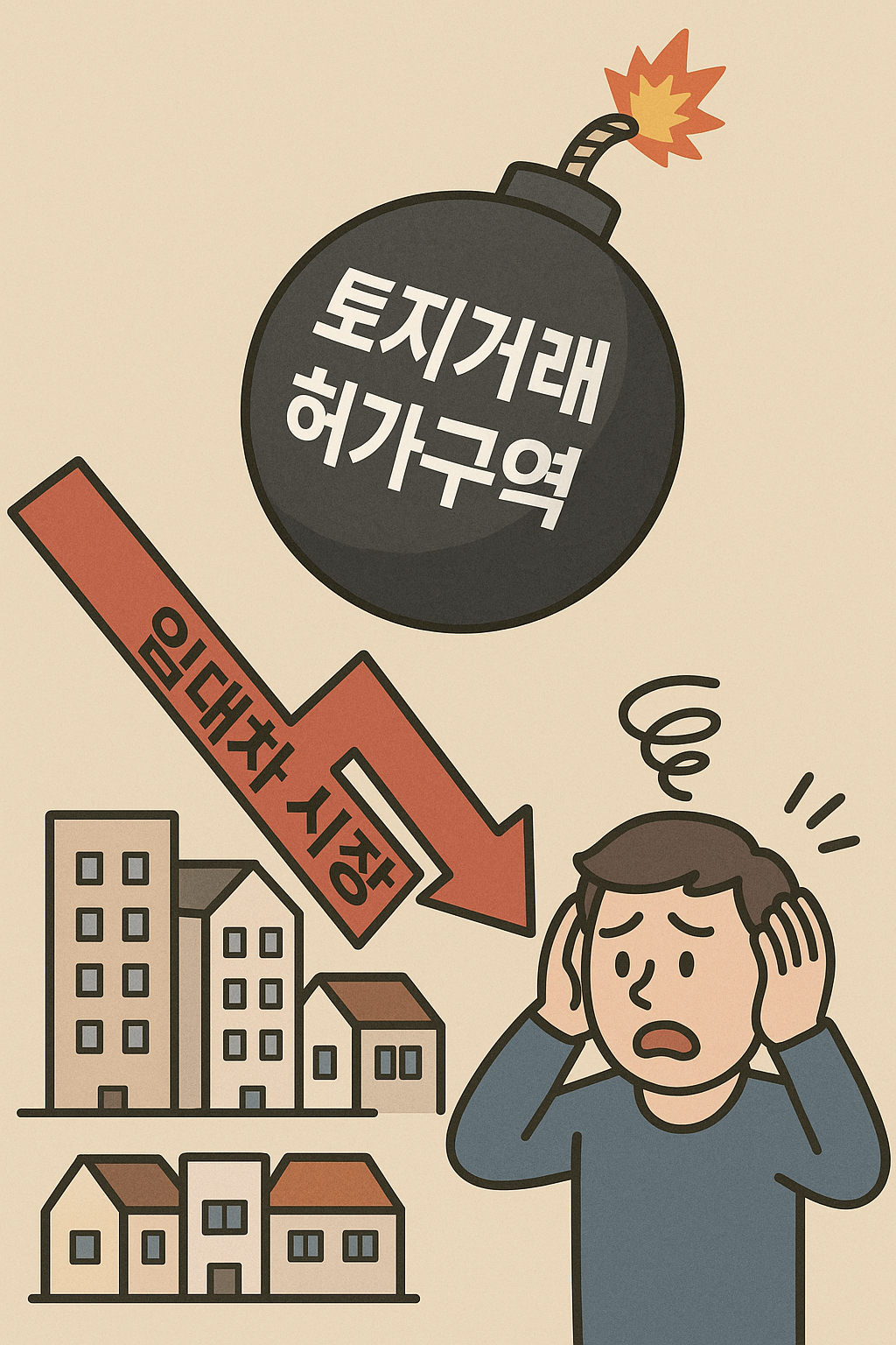 &lsquo;토지거래허가구역&rsquo; 폭탄이 떨어지며 임대차 시장이 충격을 받는 모습을 표현한 일러스트.