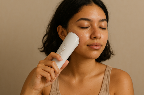 기기로 피부관리하는 여성의 이미지