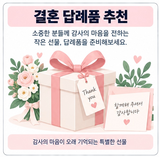 웨딩 리본과 선물상자 아이콘 위에 결혼 답례품 추천 문구가 표시된 대표 이미지