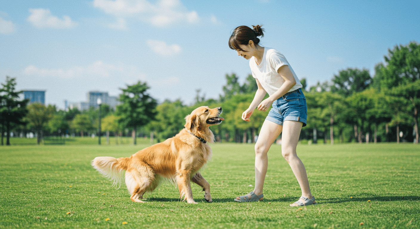 여름 공원에서 주인과 함께 행복하게 노는 반려견
