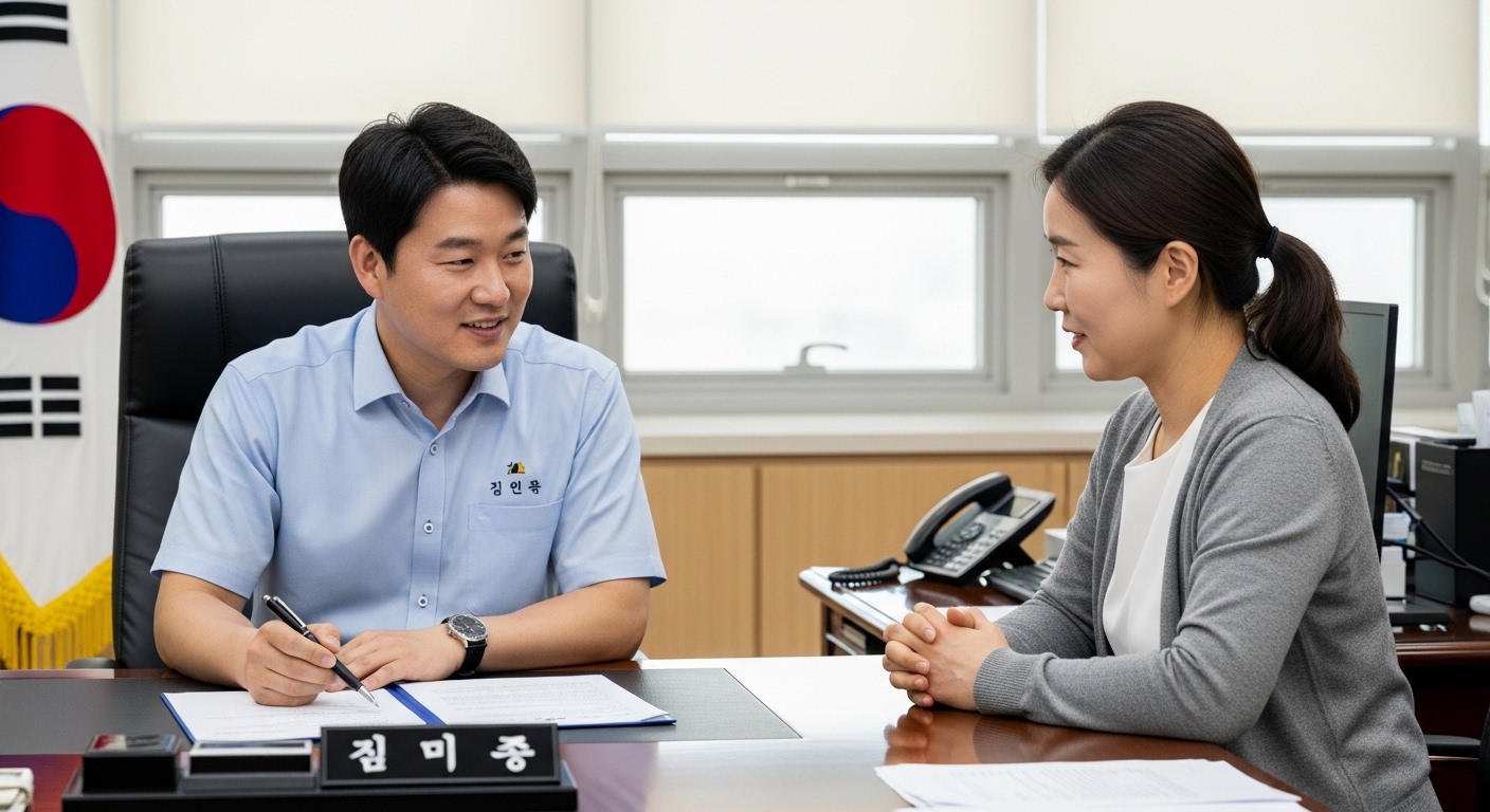 태백시 행정복지센터에서 직원이 다자녀 수도요금 감면 신청 서류 작성을 돕는 모습