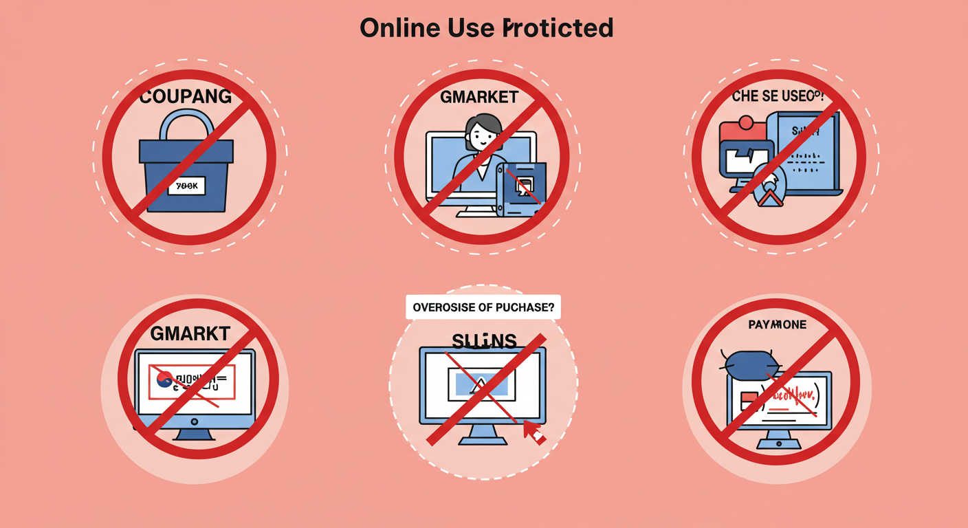 소비쿠폰 사용이 제한되는 온라인 쇼핑몰을 경고 스타일로 표시한 일러스트