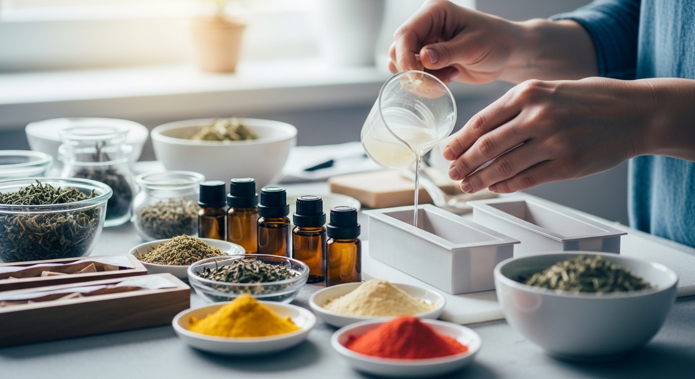 집에서 천연 비누를 만드는 과정, 다양한 천연 재료와 비누 몰드가 놓여있는 테이블에서 숙련된 손이 비누액을 붓는 모습, 자연주의적인 분위기.