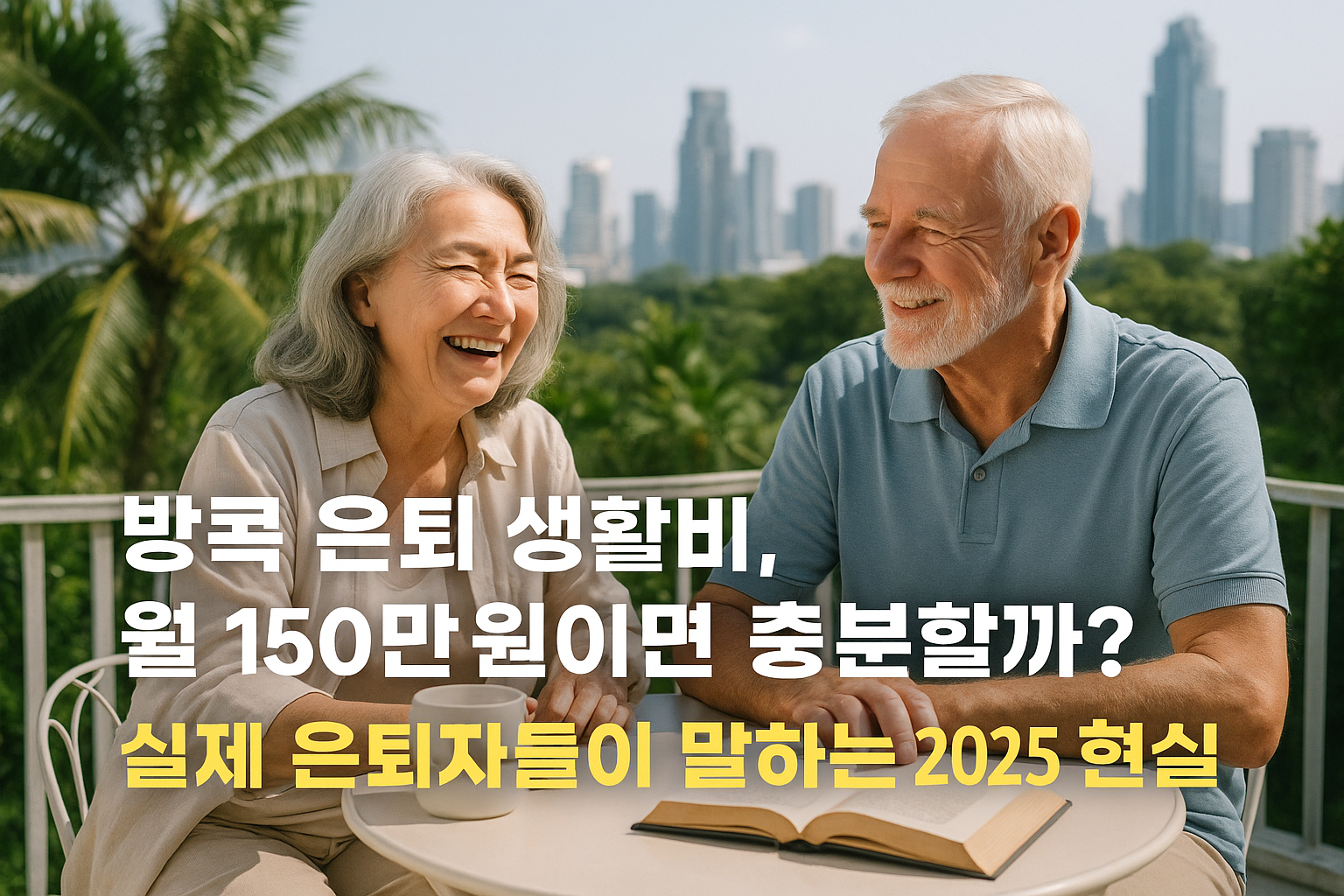 방콕에서 은퇴 생활을 즐기는 노부부가 웃으며 식탁에 앉아 있는 모습, 2025년 은퇴 생활비 150만원 현실