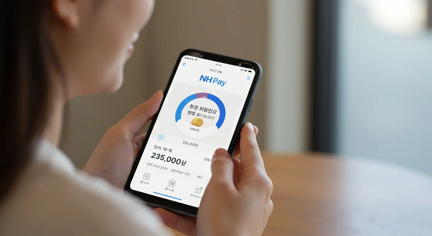 한 여성이 스마트폰의 NH pay 앱을 통해 민생회복 소비쿠폰 남은 잔액을 확인하며 만족스럽게 미소 짓는 모습