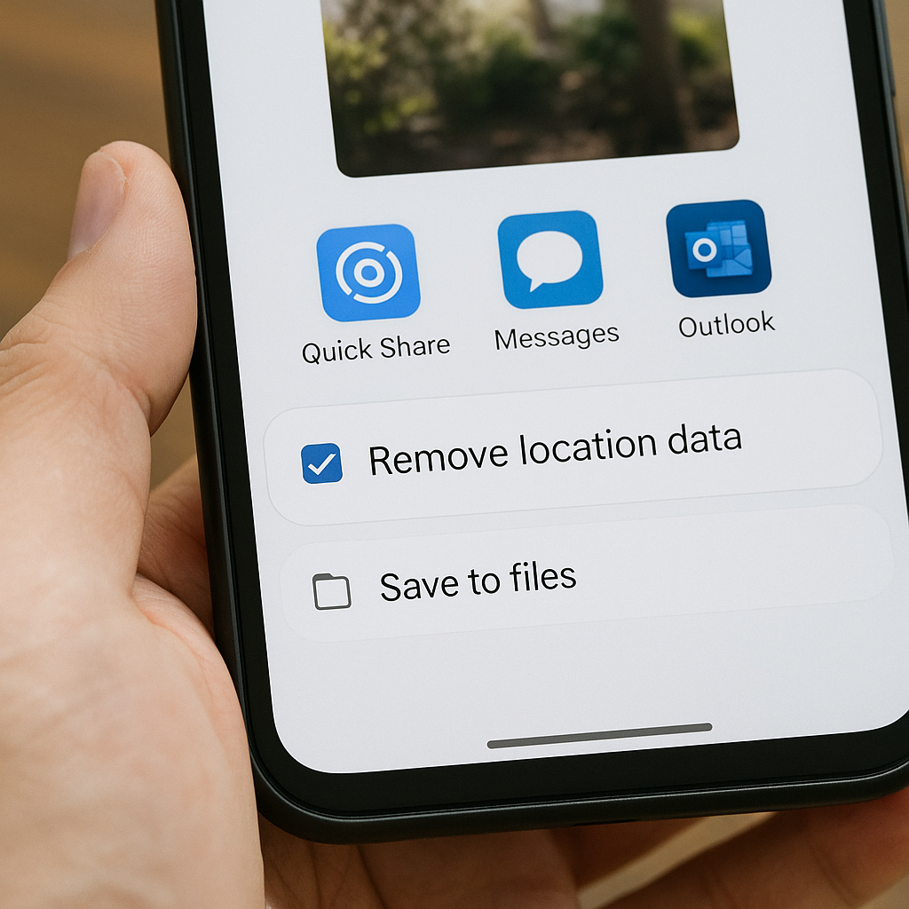삼성 갤러리 공유 화면에서 위치 데이터 제거 체크박스를 선택한 모습