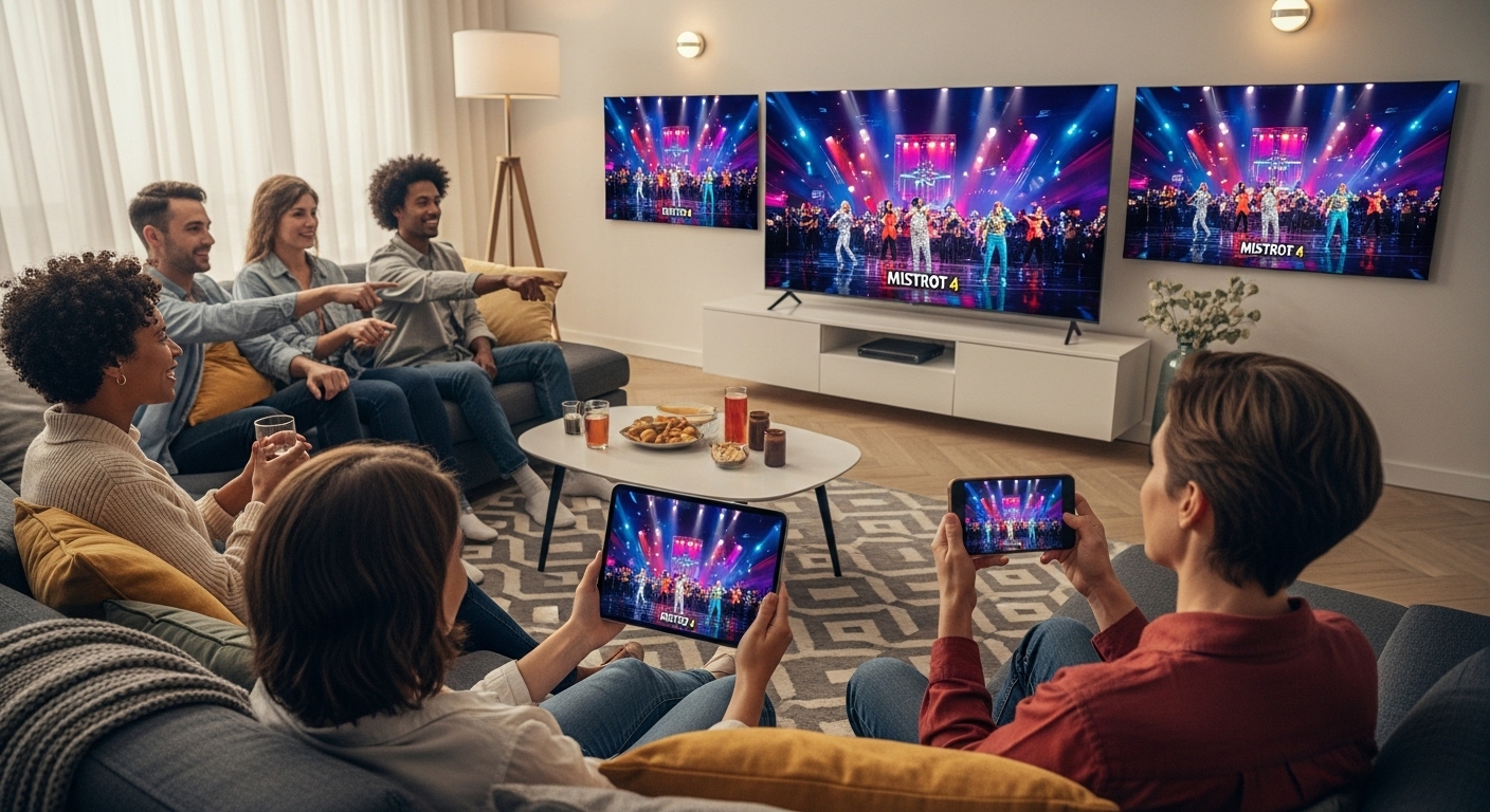 가족들이 거실에서 스마트 TV, 태블릿, 스마트폰 등 다양한 기기로 미스트롯4를 시청하며 즐거워하는 모습, 언제 어디서든 편리하게 다시보기가 가능한 OTT 서비스를 상징.