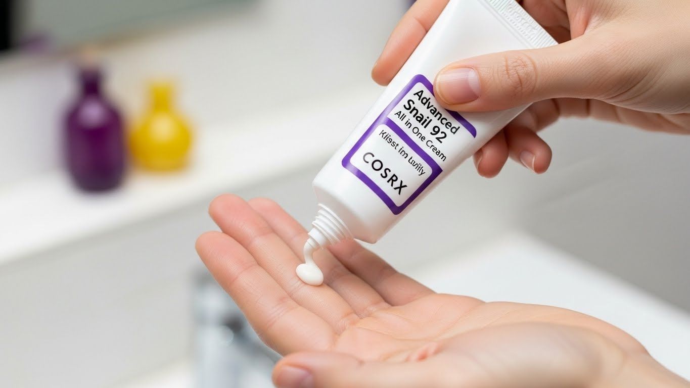 튜브에서 손끝까지 COSRX 어드밴스드 스네일 92 올인원 크림을 부드럽게 짜내는 손 클로즈업은 사용 편의성과 위생을 잘 보여줍니다.