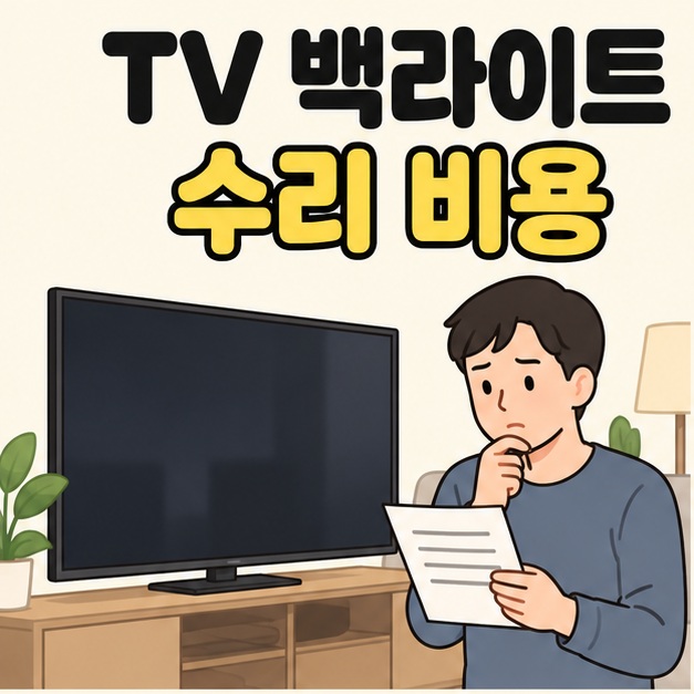 TV 백라이트 수리 비용이라는 제목 아래 어두운 스탠드형 TV 옆에서 남성이 서류를 들고 고민하는 그림