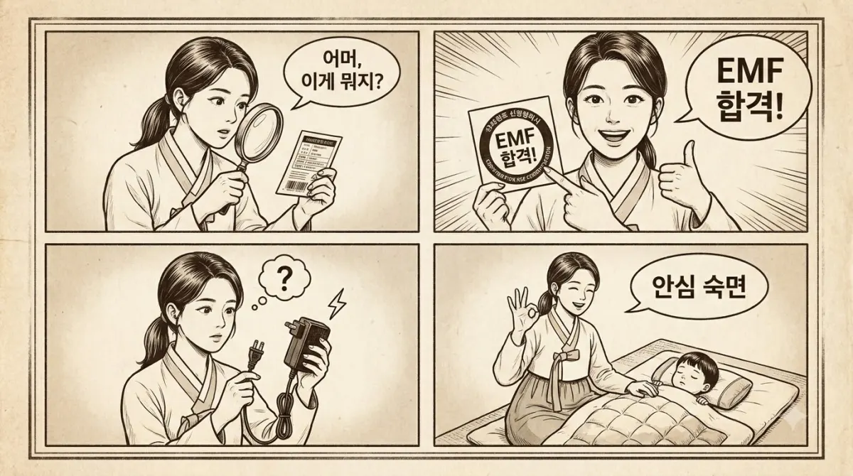 전자파 인증 마크와 각종 안심 안전 장치를 꼼꼼히 점검하는 엄마의 모습 4컷 만화