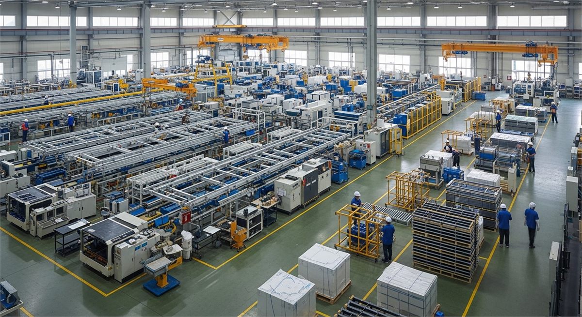 태양광 장비 제조 공간이 넓게 보이는 공장 내부 전경 