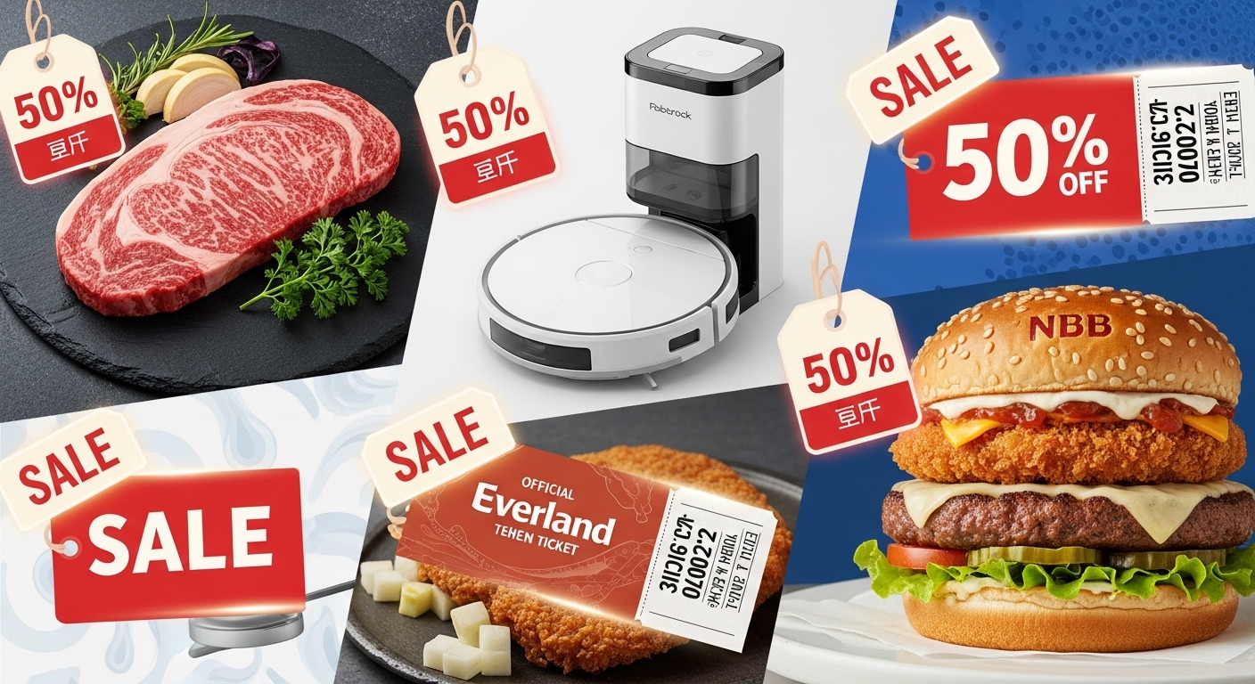 쓱데이 기간 동안 할인되는 한우, 로봇청소기, 에버랜드 종일권, 스페셜 버거 등 다양한 핵심 상품 이미지 콜라주