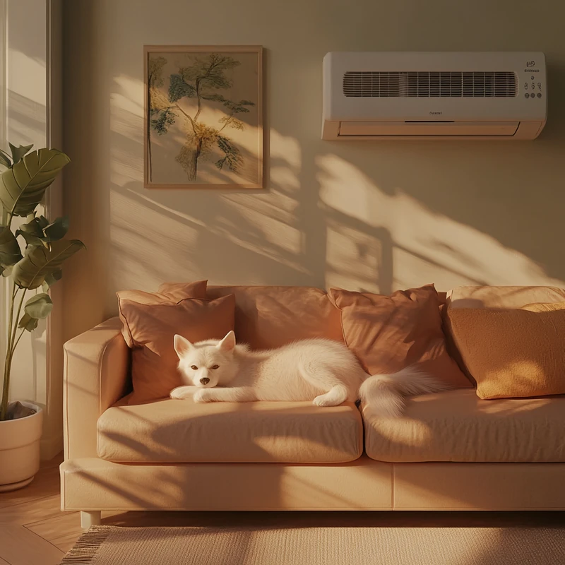 가정용 펫 케어 모드가 탑재된 최신 에어컨 아래 강아지와 고양이가 편안하게 쉬고 있습니다. 이 제품은 애완동물의 편안함을 최우선으로 고려하여 실내 환경을 최적화합니다.