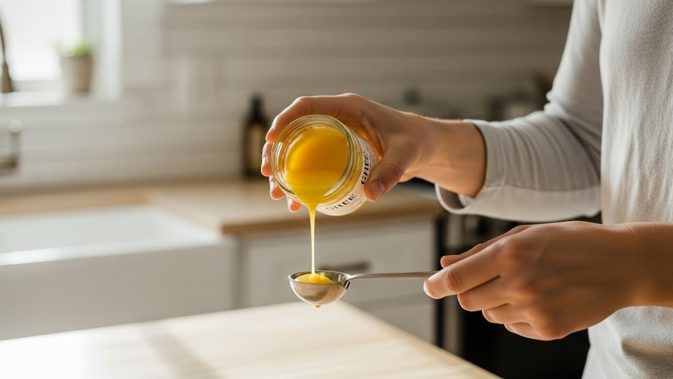 주방에서 한 사람이 작은 병에서 기버터를 계량스푼에 조심스럽게 따르는 모습