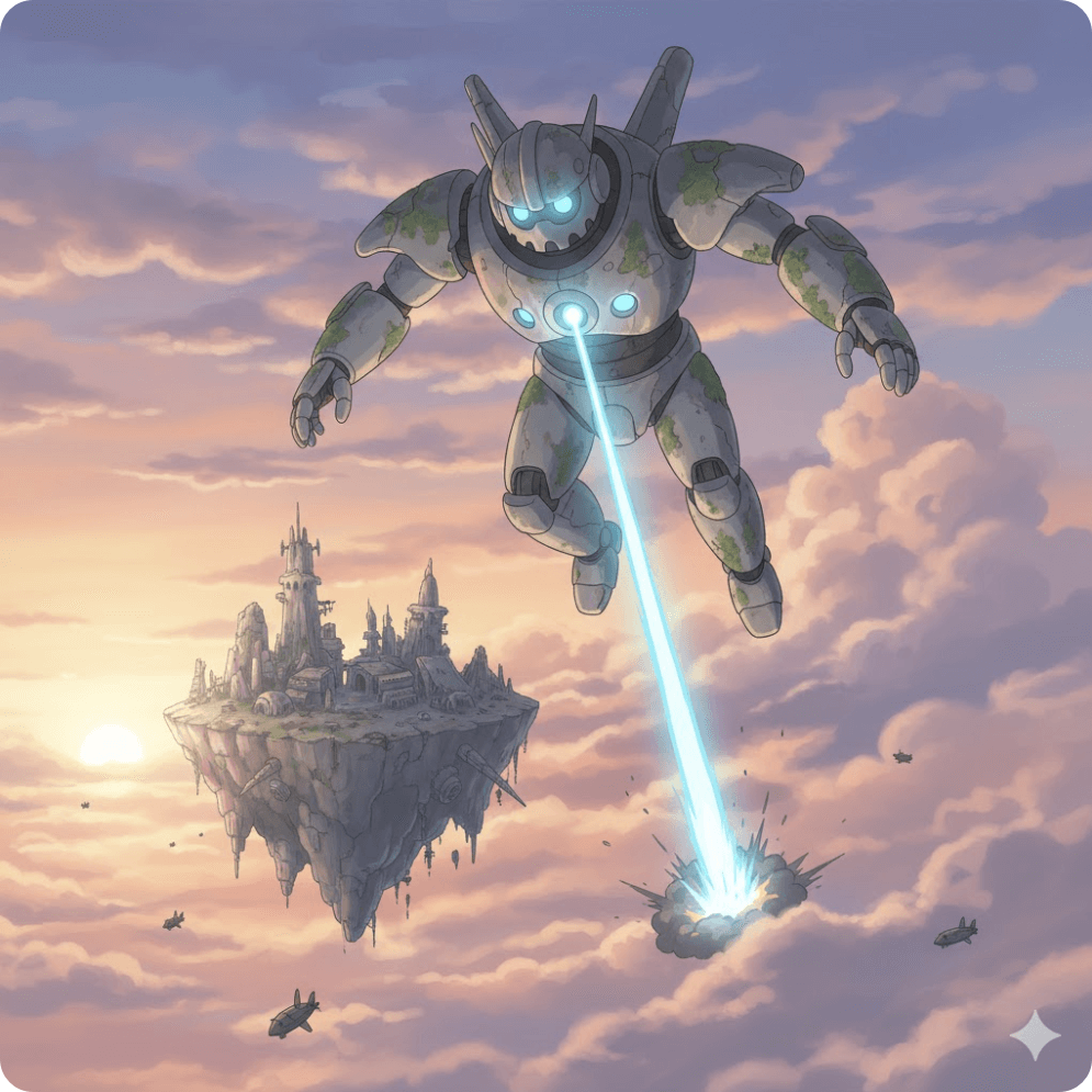 alt="하늘을 날며 침입자들을 공격하는 로봇 병사. 푸른빛이 감도는 라퓨타 상공에서 인공지능의 폭주를 상징적으로 그린 일러스트."