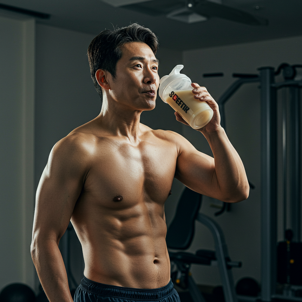 근력 운동을 마친 후, 근육 회복과 성장을 위해 단백질 쉐이크를 마시며 만족스러워하는 중년 남성