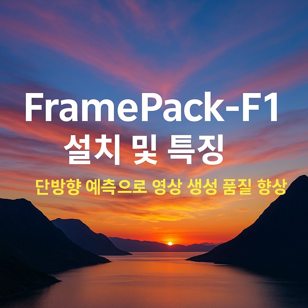 FramePack-F1 설치 및 특징 안내 배너 이미지, 아름다운 석양 배경 위에 &quot;단방향 예측으로 영상 생성 품질 향상&quot;이라는 문구가 강조되어 있음