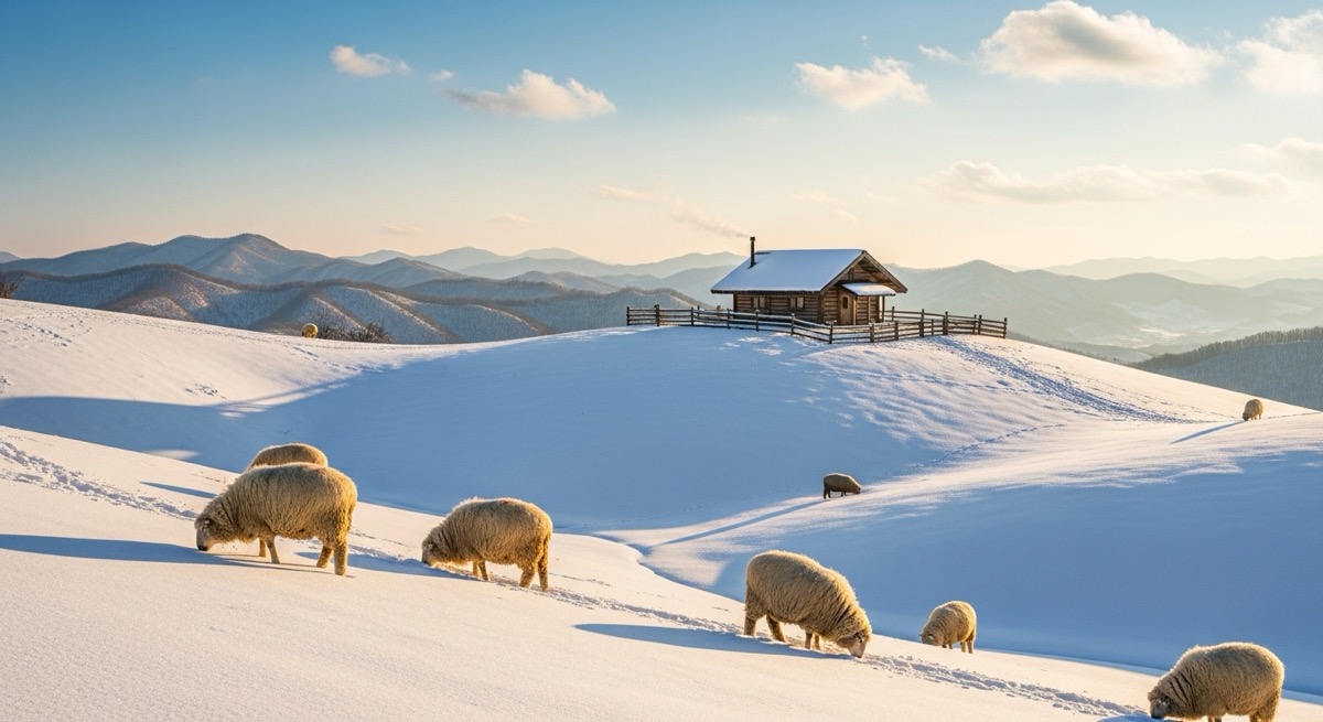 눈 덮인 대관령 양떼목장의 겨울 풍경과 양들