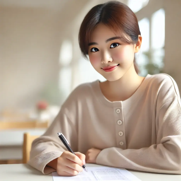 시험 전 긴장을 극복하고 차분한 동양인 학생