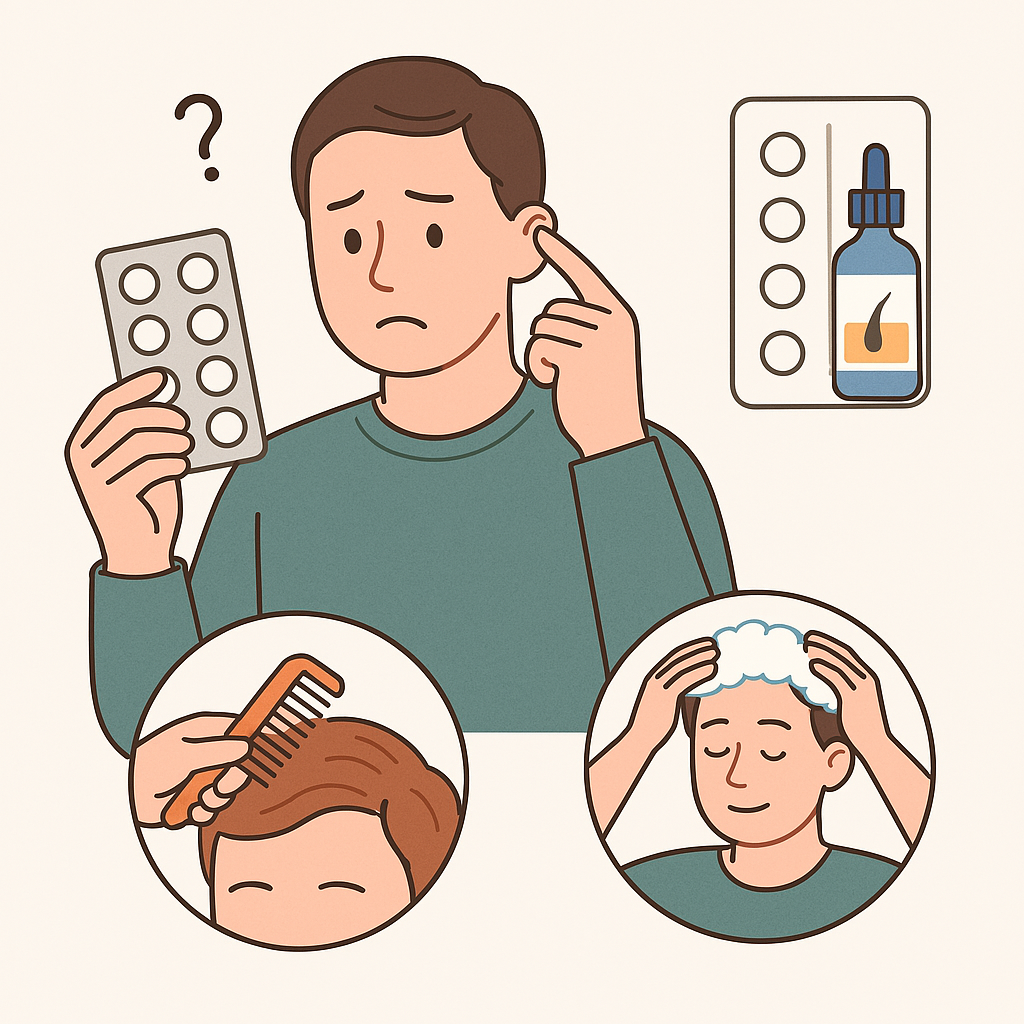 탈모약에 대해 고민하는 남성 이미지