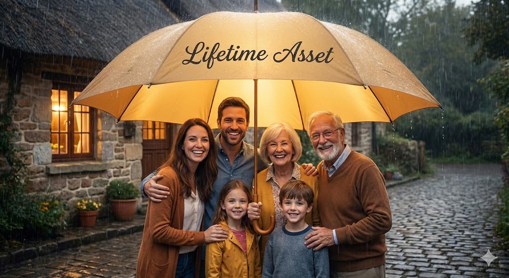 비가 오는 날, 튼튼한 우산(보험) 아래에서 온 가족이 비를 피하며 웃고 있는 따뜻한 일러스트. 우산에는 'Lifetime Asset(평생 자산)'이라는 문구가 적혀 있음