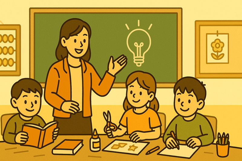 아이들과 함께 수업 중인 방과후지도사 선생님