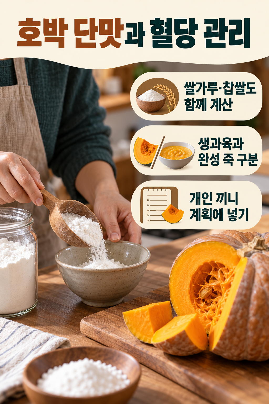 늙은호박 &middot; 달큰한 맛을 살리되 호박죽 전체를 계산해요 실사 인포그래픽