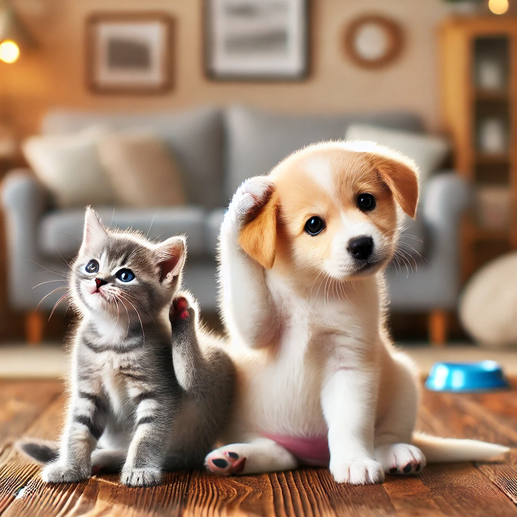 몸을 긁고 있는 강아지와 고양이