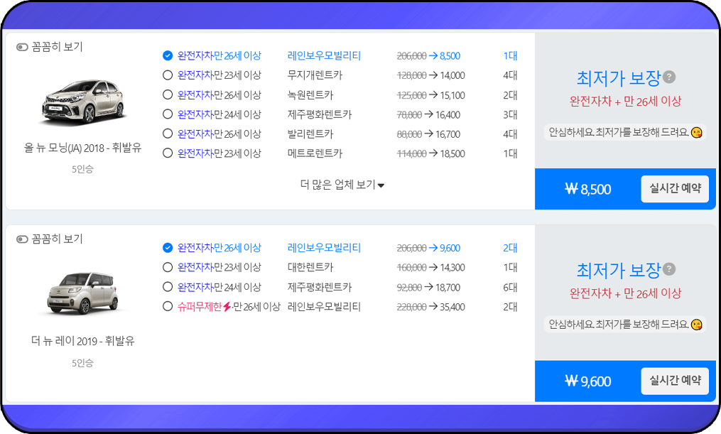 돌하루팡 제주 렌트카, 경형 요금표