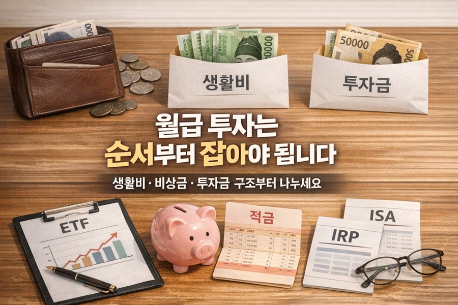 월급 통장에서 생활비와 비상금, 투자금이 단계적으로 나뉘고 ETF와 적금, 절세계좌가 함께 보이며 월급 투자는 순서가 중요하다는 점을 보여주는 이미지