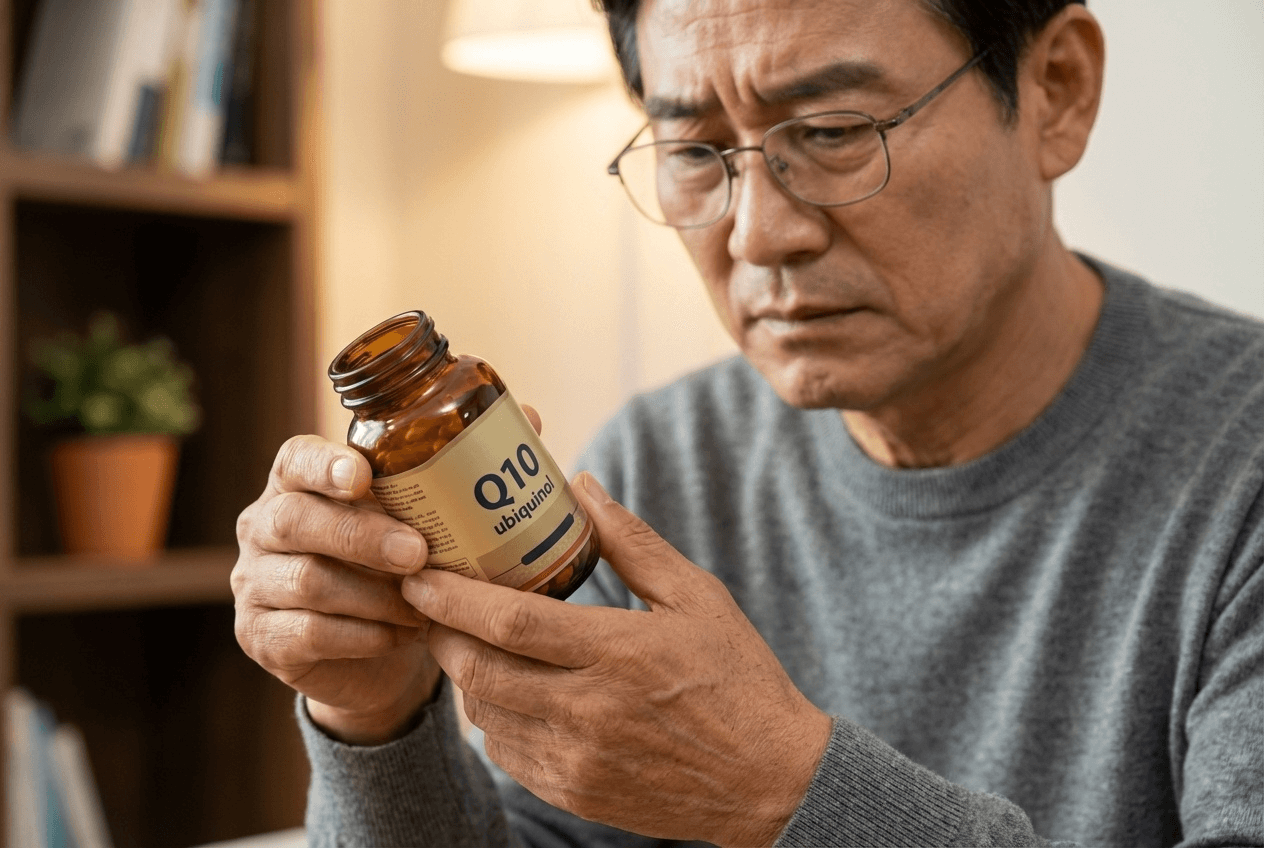 50대 중년 남성이 코엔자임Q10 환원형 캡슐을 손에 들고 확인하는 모습, 선택 기준을 고민하는 표정