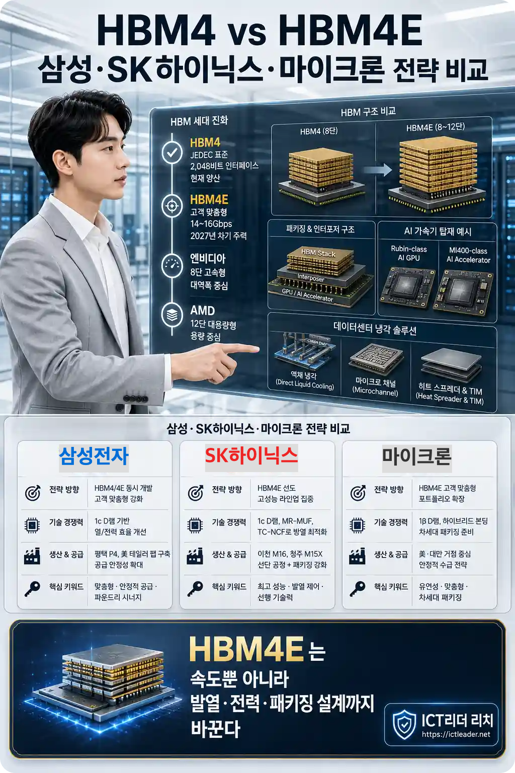 HBM4와 HBM4E 제조사 전략 및 엔비디아 AMD 적용 사례를 비교하는 남성 전문가 인포그래픽