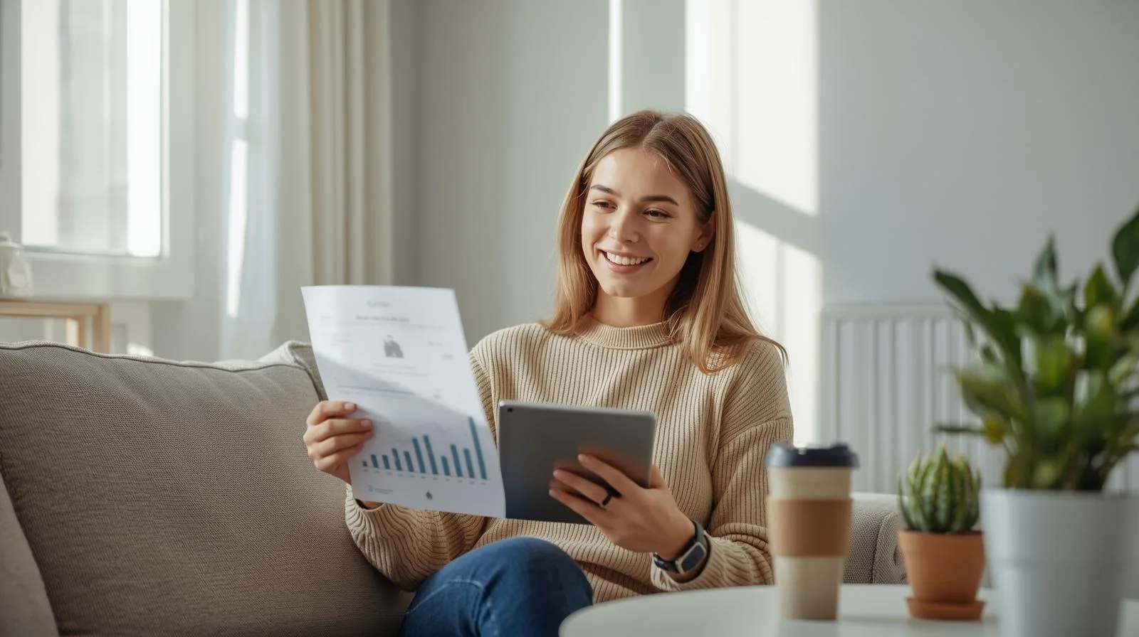 거실에서 전기요금 고지서를 확인하며 웃고 있는 모습, 자취생 에너지 절약 및 수도세 아끼는 방법
