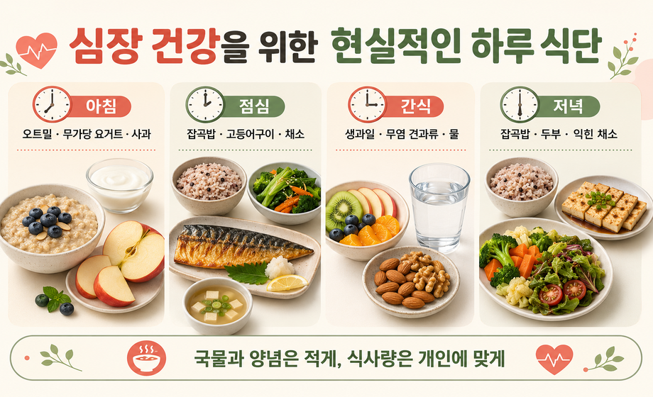 심장 건강을 위한 하루 식단 예시, 오트밀 잡곡밥 등푸른 생선 두부 채소 무염 견과류 중심의 심장에 좋은 식단