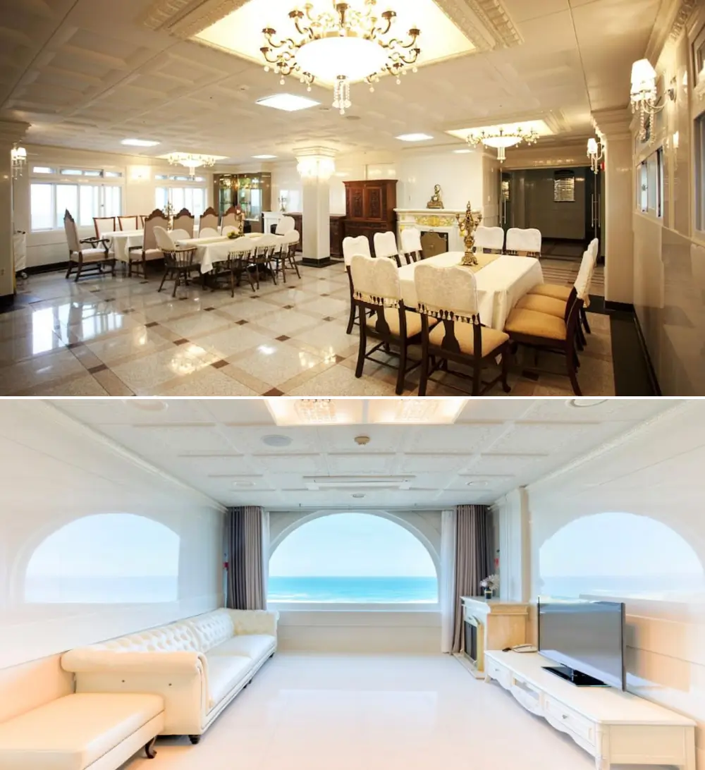 동해보양온천 컨벤션호텔 실내 식당과 침실