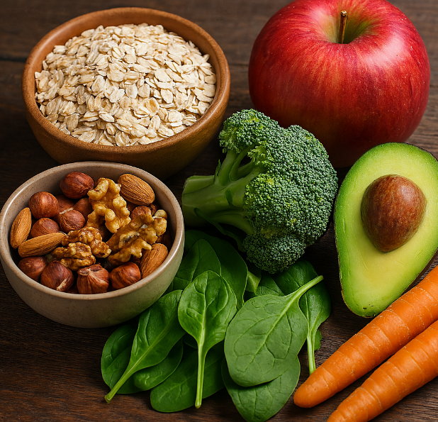귀리, 사과, 브로콜리, 견과류, 아보카도, 당근 등 식이섬유가 풍부한 식품들이 나무 테이블 위에 자연광 속에서 정갈하게 배열된 실사 이미지