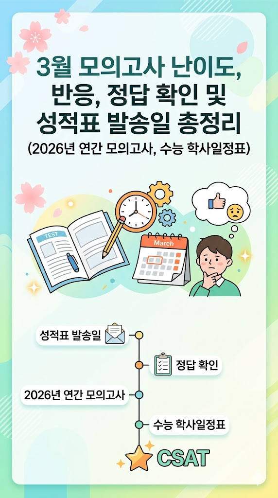 3월 모의고사 난이도, 반응, 정답 확인 및 성적표 발송일 총정리 (2026년 연간 모의고사, 수능 학사일정표)