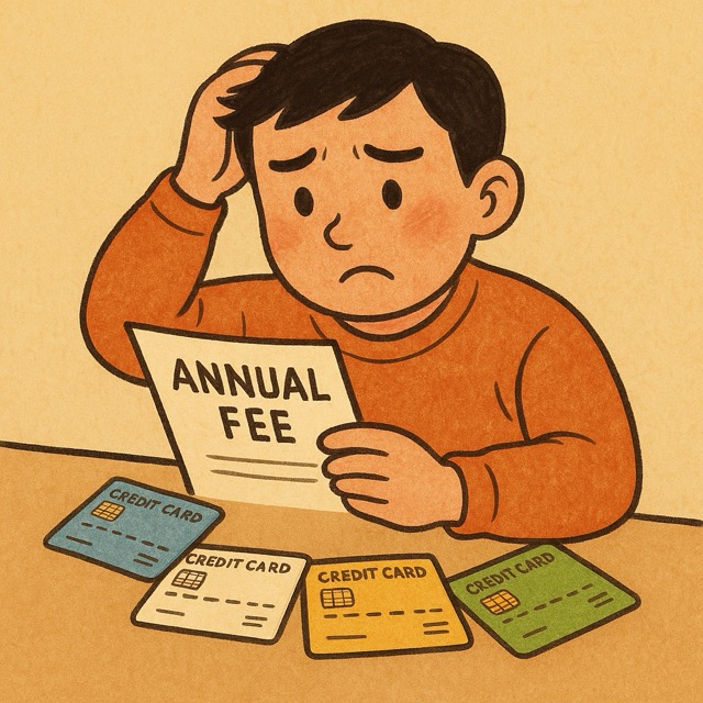 다양한 카드를 펼쳐놓고 연회비를 비교하며 고심하는 1인가구