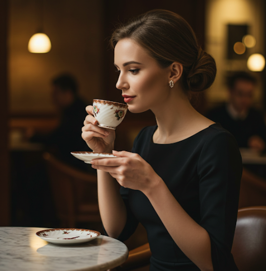 여성이 커피를 마시며 에티켓을 지키는 모습