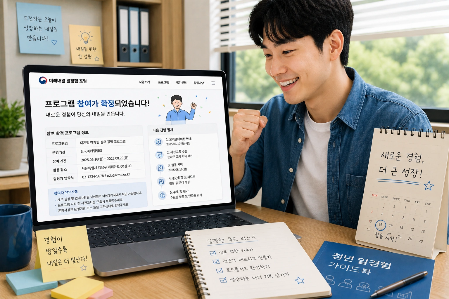 미래내일 일경험 프로그램 참여가 확정된 청년이 첫 활동을 앞두고 목표를 세우며 새로운 시작을 준비하는 모습