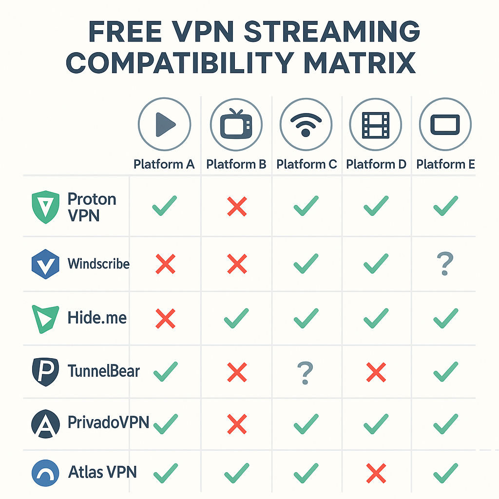 무료VPN 스트리밍 서비스 호환성 매트릭스 - Netflix, YouTube, BBC iPlayer, Disney+ 지원현황