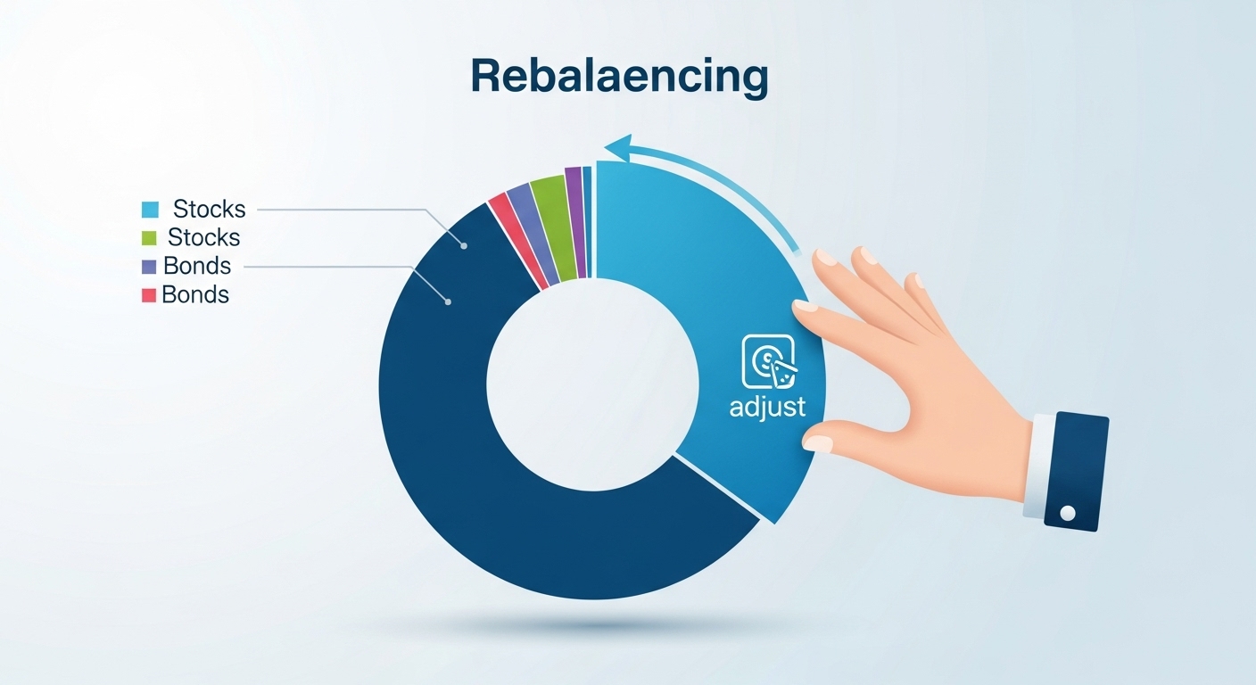 주식과 채권 등 자산 비중이 달라진 파이 차트를 손으로 다시 균형 있게 맞추는 모습, 투자 포트폴리오 리밸런싱의 중요성