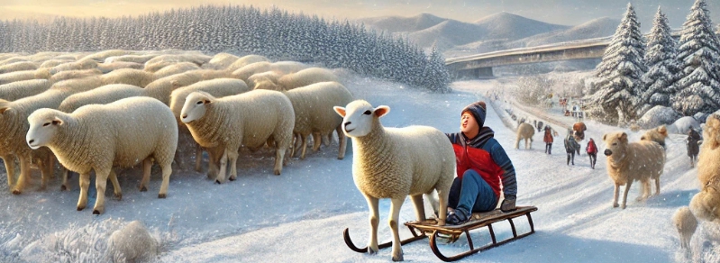 눈오는날 양들이 많이 있는 모습