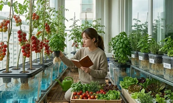 실내 베란다에서 다양한 채소와 허브를 키우면서 기록하고 점검하는 모습