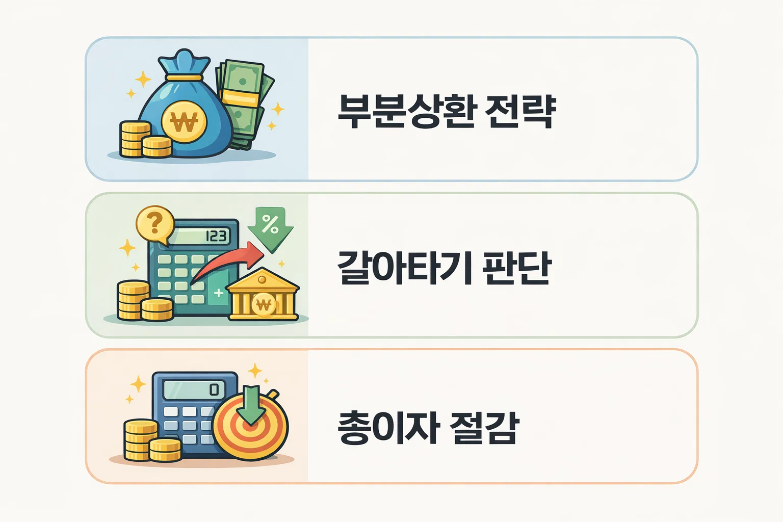 보금자리론 조기상환 시 부분상환 전략, 갈아타기 조건 판단, 총이자 절감 효과를 정리한 전략 안내 이미지