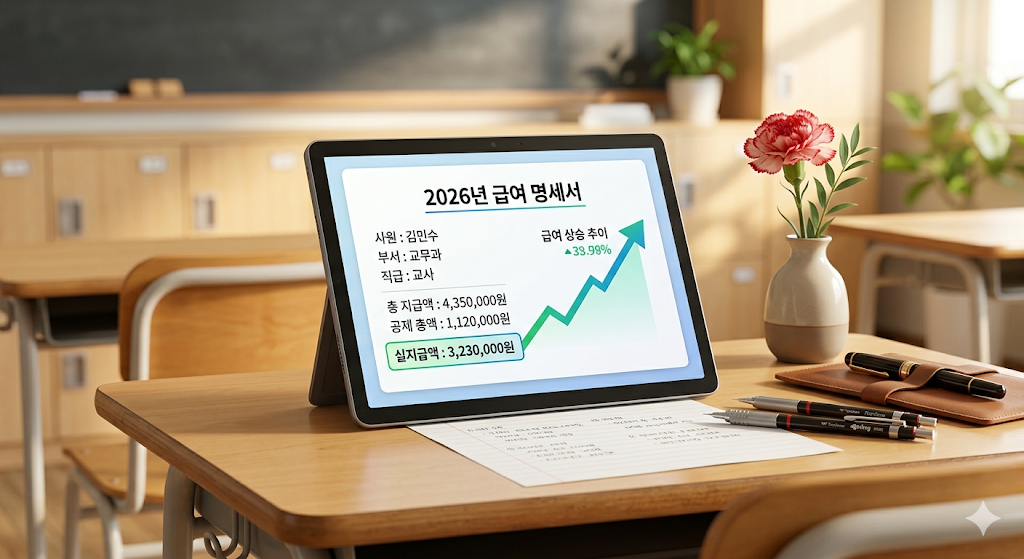 2026년 급여 명세서가 보이는 태블릿 화면