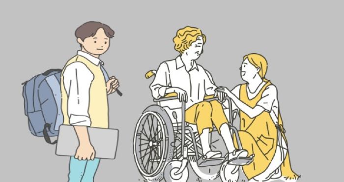 학생과 휠체어에 앉은 어르신을 돌보는 사람들의 일러스트. 노부모 부양비와 돌봄 지원을 상징하는 이미지
