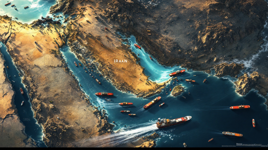 이란과 호르무즈 해협의 지정학적 긴장과 국제 유가 상승을 시각화한 지도