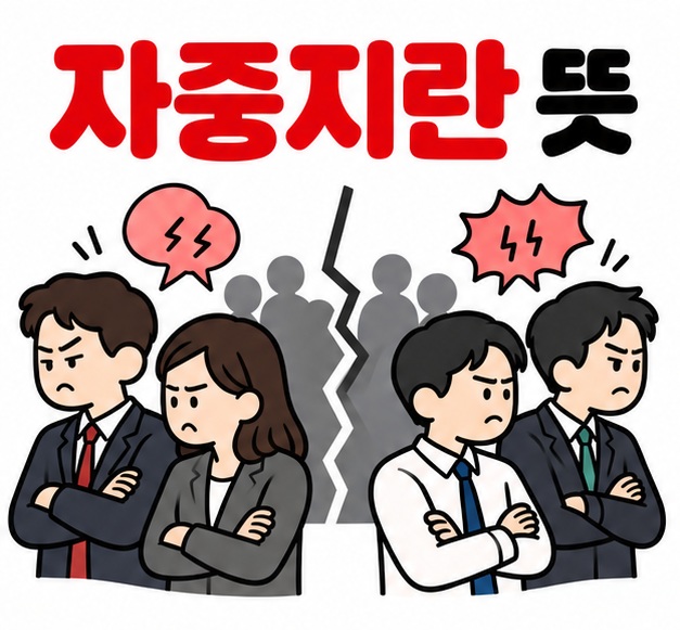 서로 등을 돌린 같은 팀 사람들 옆에 자중지란 뜻 문구를 크게 보여주는 대표 카드